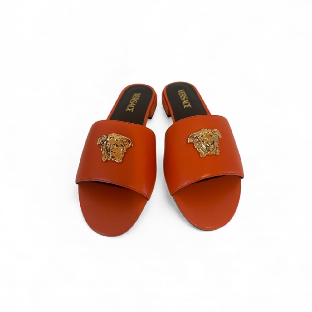 Versace Orange Slides with Gold Medusa Accents